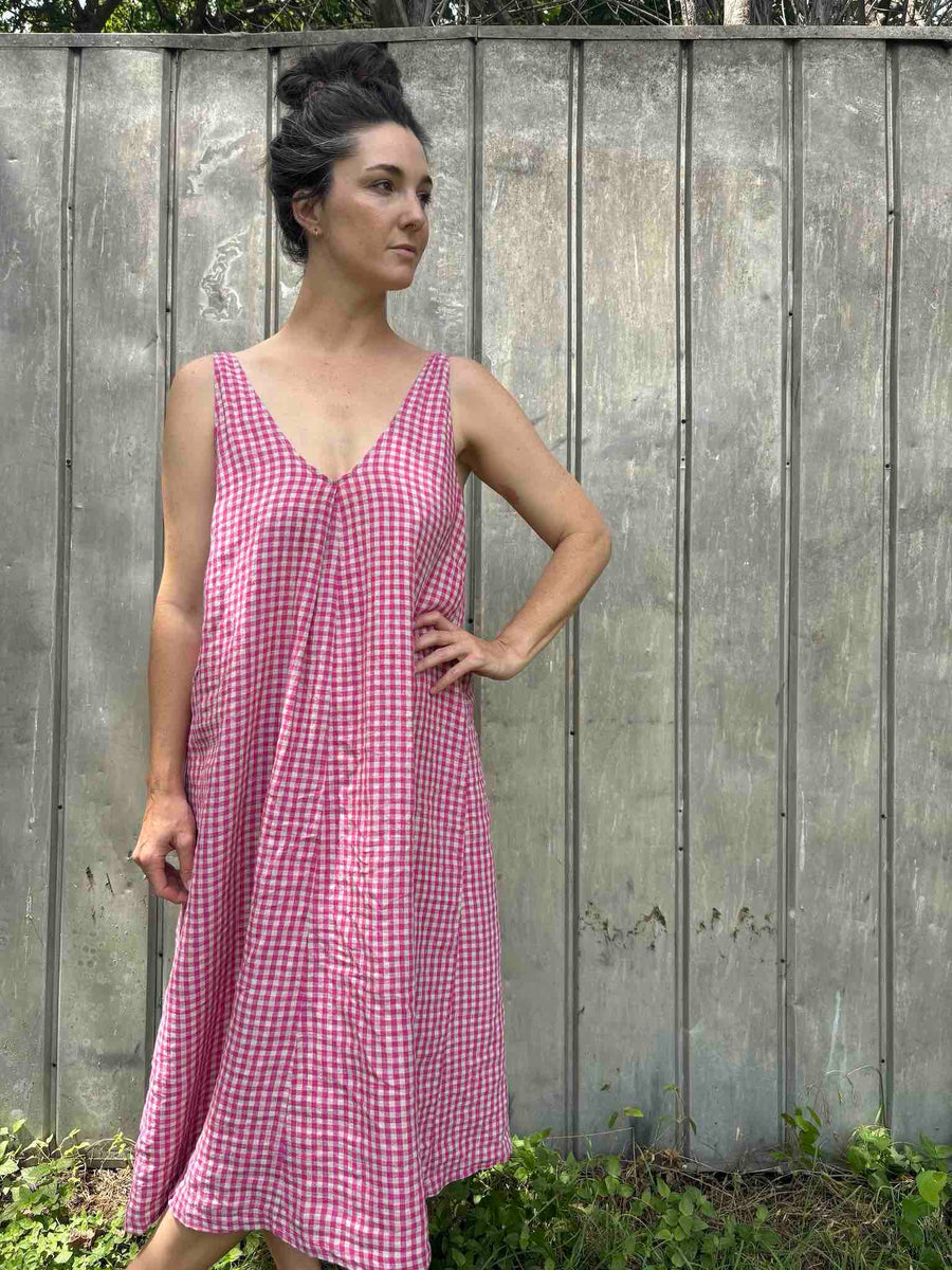 Midi Valley Slip Dress, Hot Pink Gingham