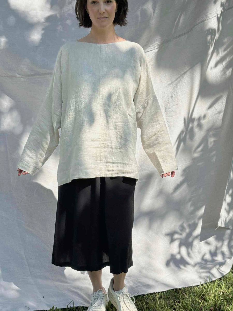 Long Sleeve Studio Tunic, Bone Midweight Linen