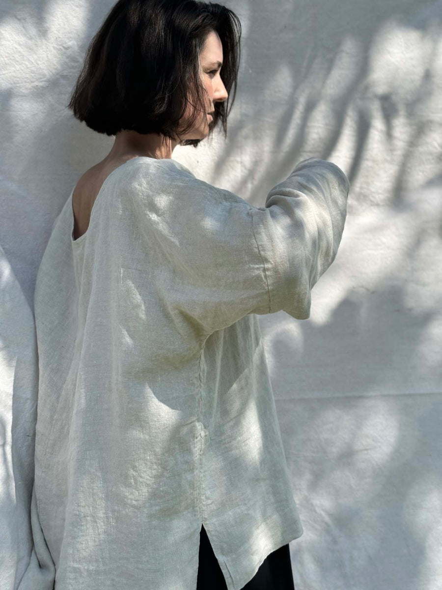 Long Sleeve Studio Tunic, Bone Midweight Linen