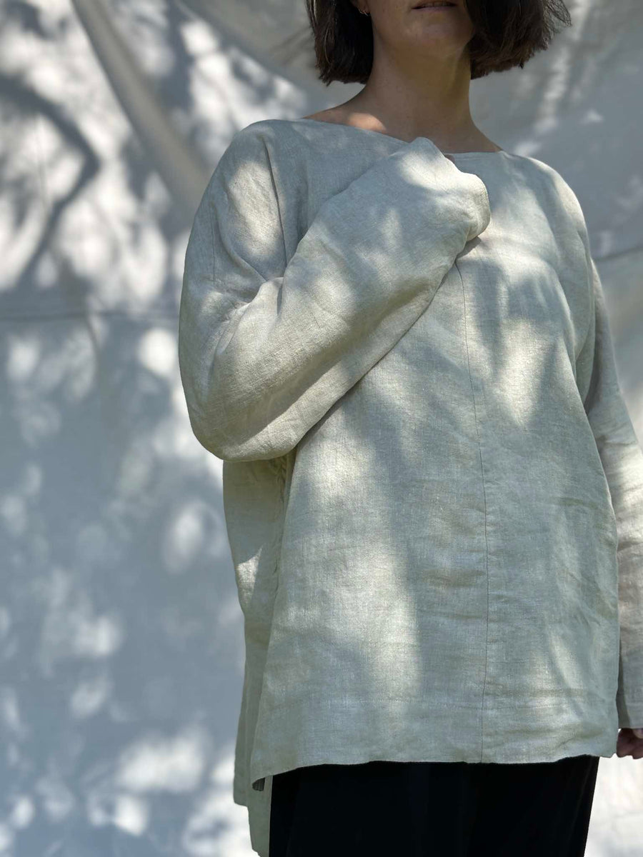 Long Sleeve Studio Tunic, Bone Midweight Linen